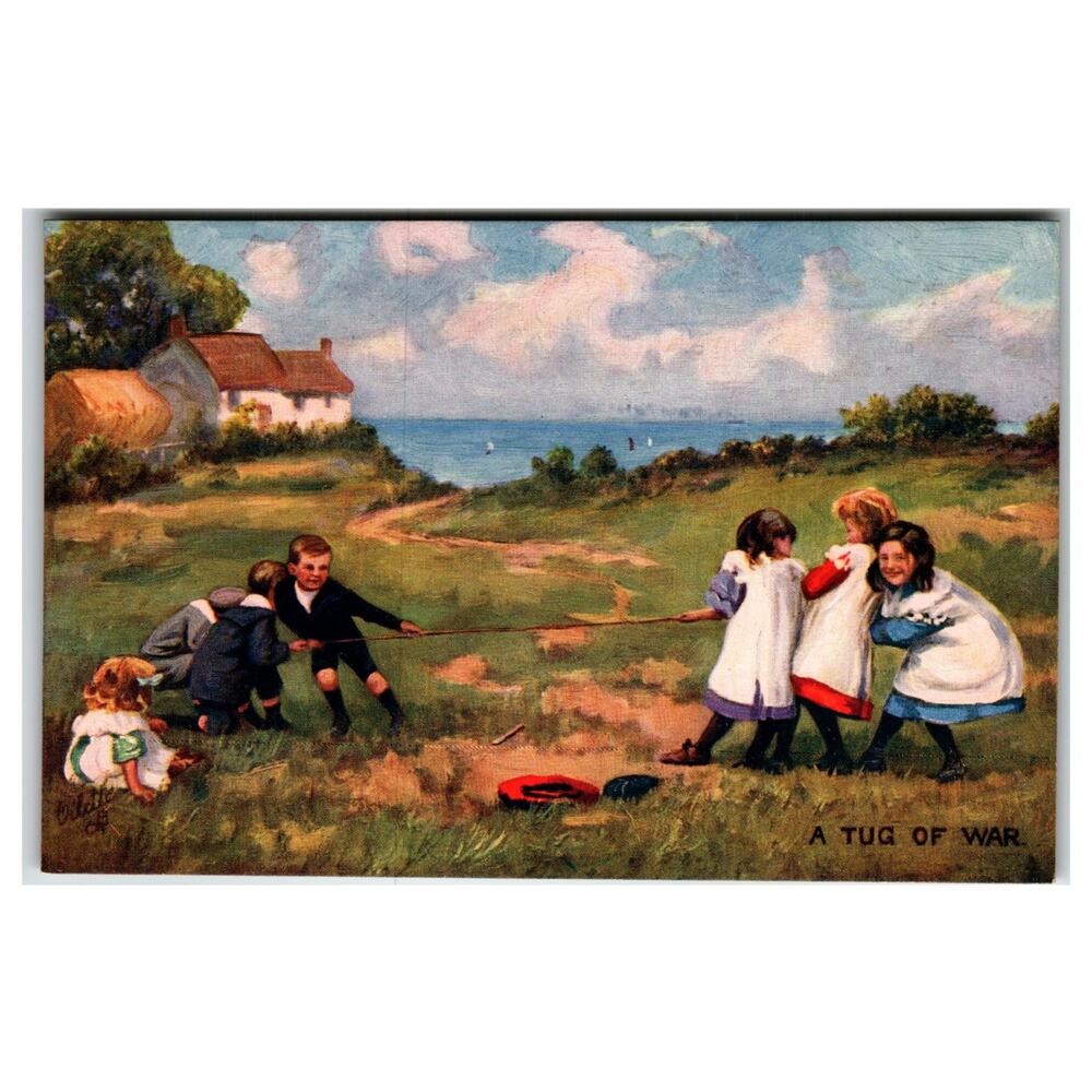 Raphael Tuck Oilette Postcard #9855 "A Tug of War" Children Play Scene